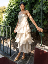 Vestido midi de chiffon com folhos