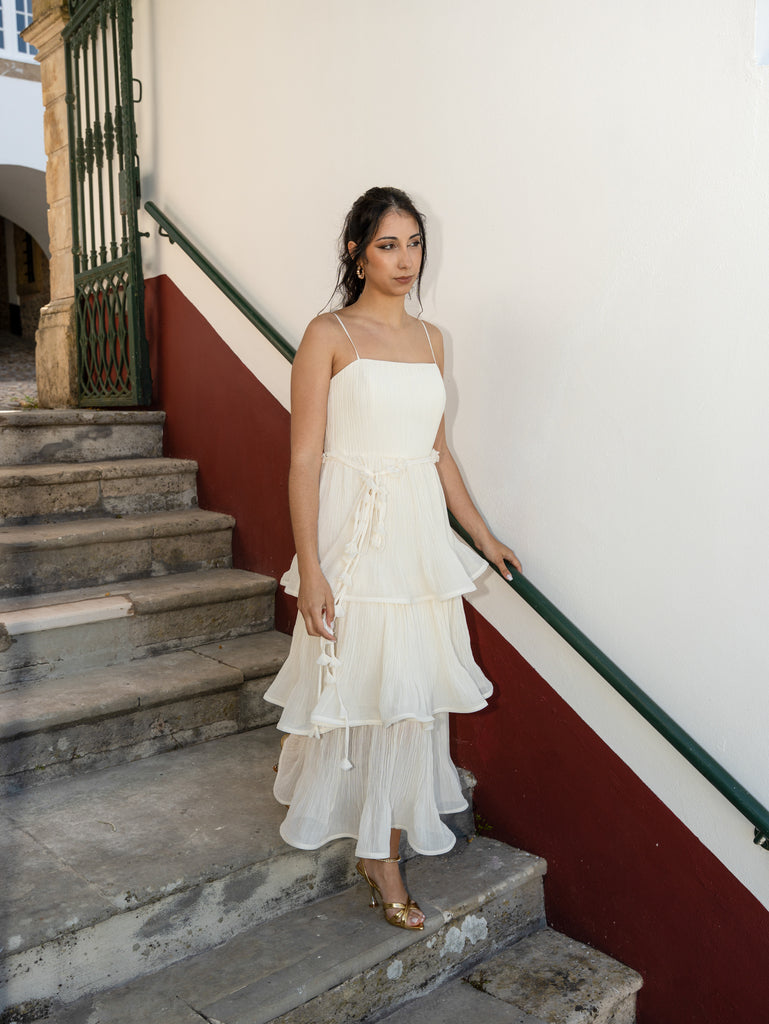 Vestido midi de chiffon com folhos